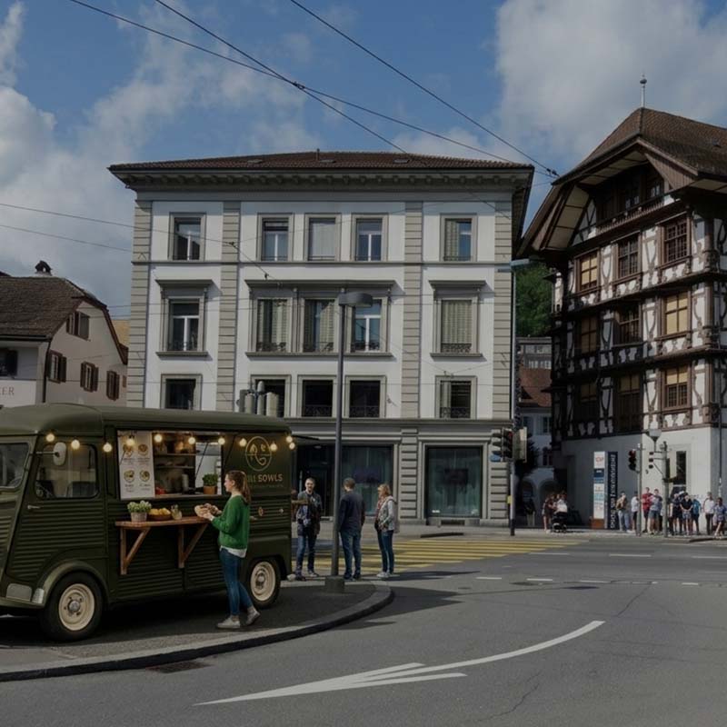 Ein dunkelgrüner Roam Bowls Foodtruck steht an beim Kasernenplatz vor historischen Gebäuden, während eine Kundin in grünem Pullover eine Bowl bekommt.
