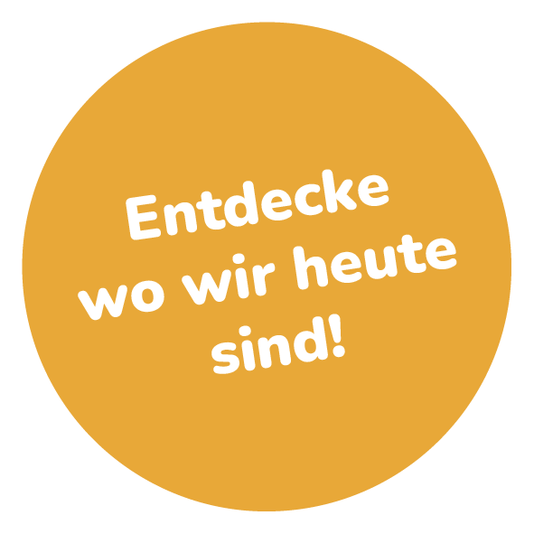 Grafik eines gelben Kreises mit dem schräg geschriebenen, weissen Text „Entdecke wo wir heute sind!“.