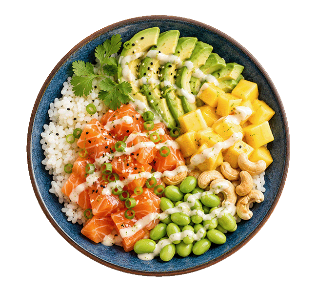 Eine runde, dunkle Schale von oben fotografiert, farbenfroh belegt mit weissem Sushi-Reis, frischen Lachs- und Mangowürfeln, gefächerten Avocadoscheiben, Edamame und Cashewnüssen mit feiner Joghurtsauce.