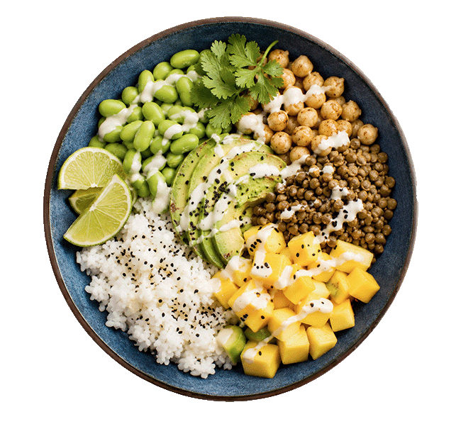 Eine runde, dunkle Schale von oben fotografiert, abwechslungsreich gefüllt mit weissem Sushi-Reis, Linsen, Kichererbsen, Mangowürfeln, Avocadoscheiben, Edamame, frischem Koriander und zwei Limettenspalten.